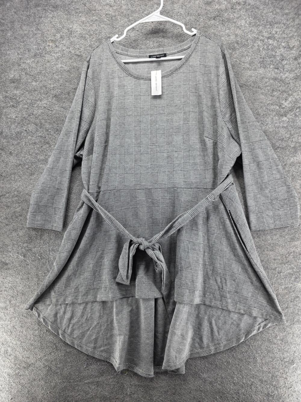 Lane Bryant Blouse Tunic Womens 22/24 Gray Plaid 3/4 Sleeve Pockets Stretch